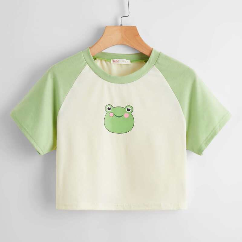 

Cartoon Frog Graphic Baseball Tee, Multicolor