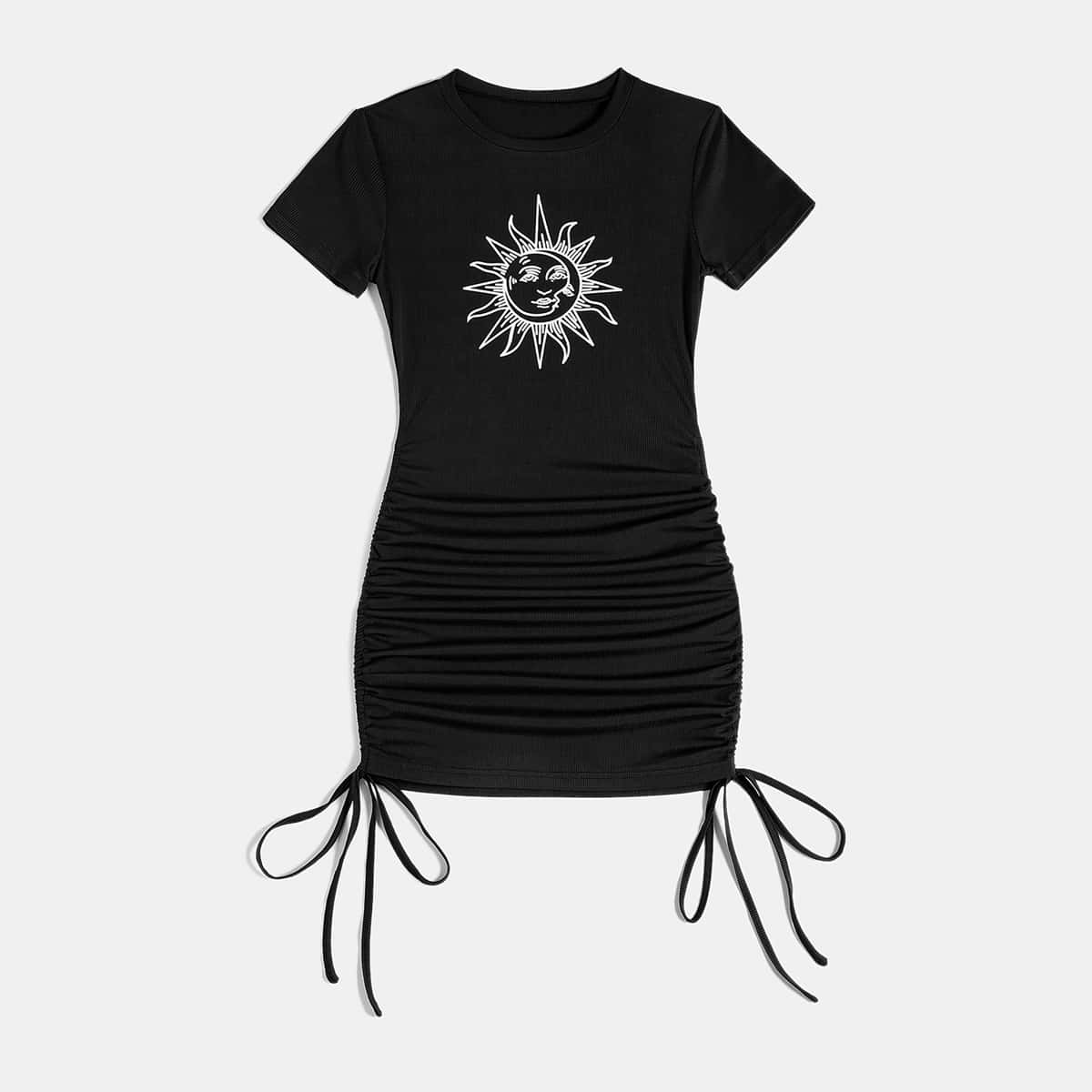 

Sun & Moon Graphic Drawstring Ruched Dress, Black