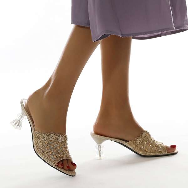 

Rhinestone Decor Mid Heeled Mules, Gold