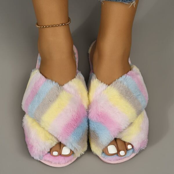

Colorblock Cross Strap Fluffy Slippers, Multicolor