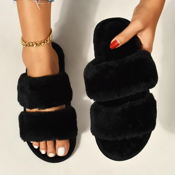 

Two Band Fluffy Slippers, Black
