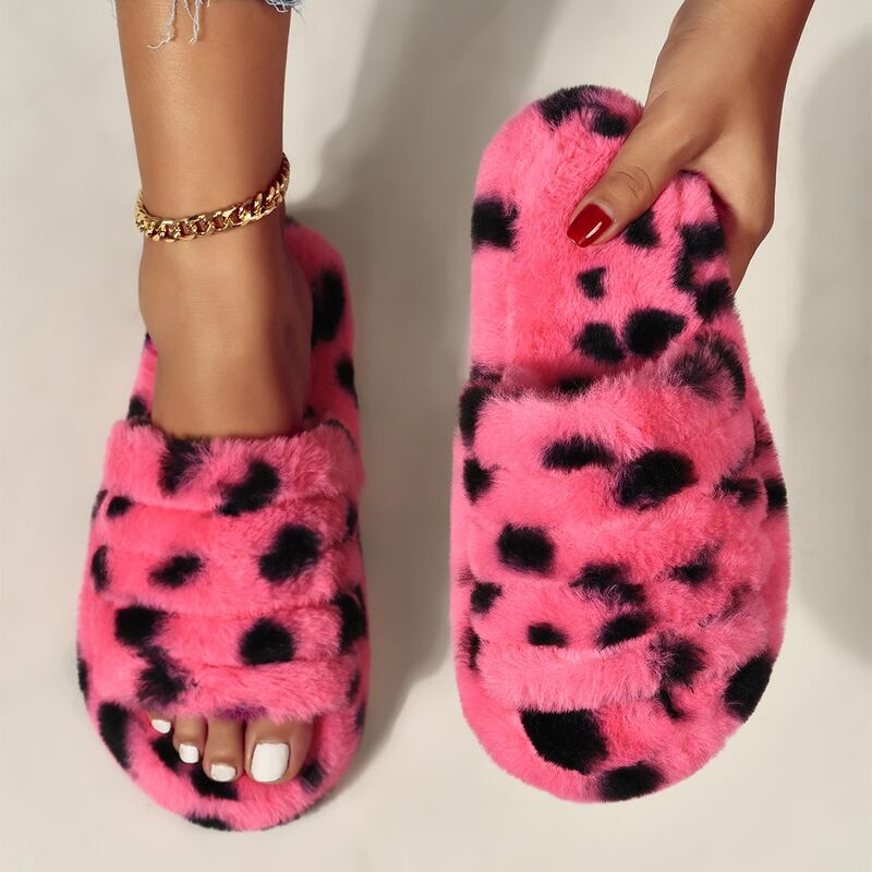 

Allover Graphic Fluffy Slippers, Hot pink
