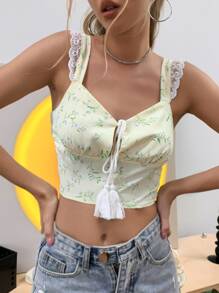 繫帶流蘇細節抽褶後背吊帶上衣 - 彩色 - 查看 1