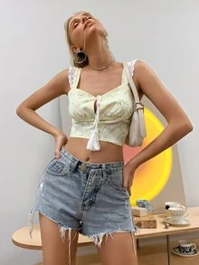 繫帶流蘇細節抽褶後背吊帶上衣 - 彩色 - 查看 5