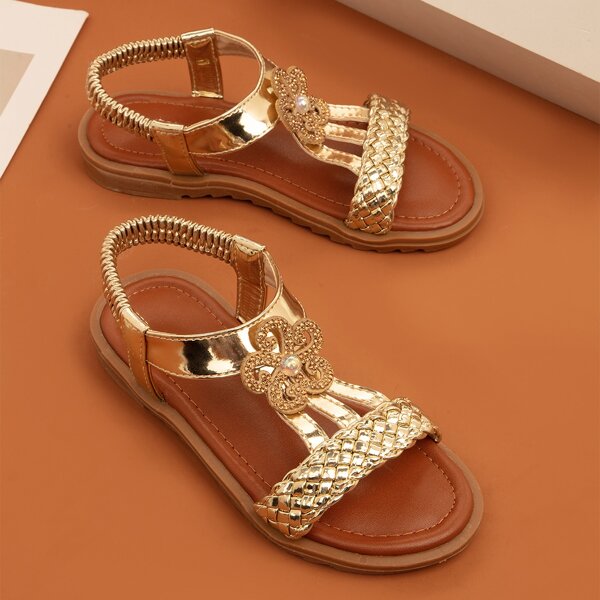 

Metallic Rhinestone Decor Strappy Sandals, Gold