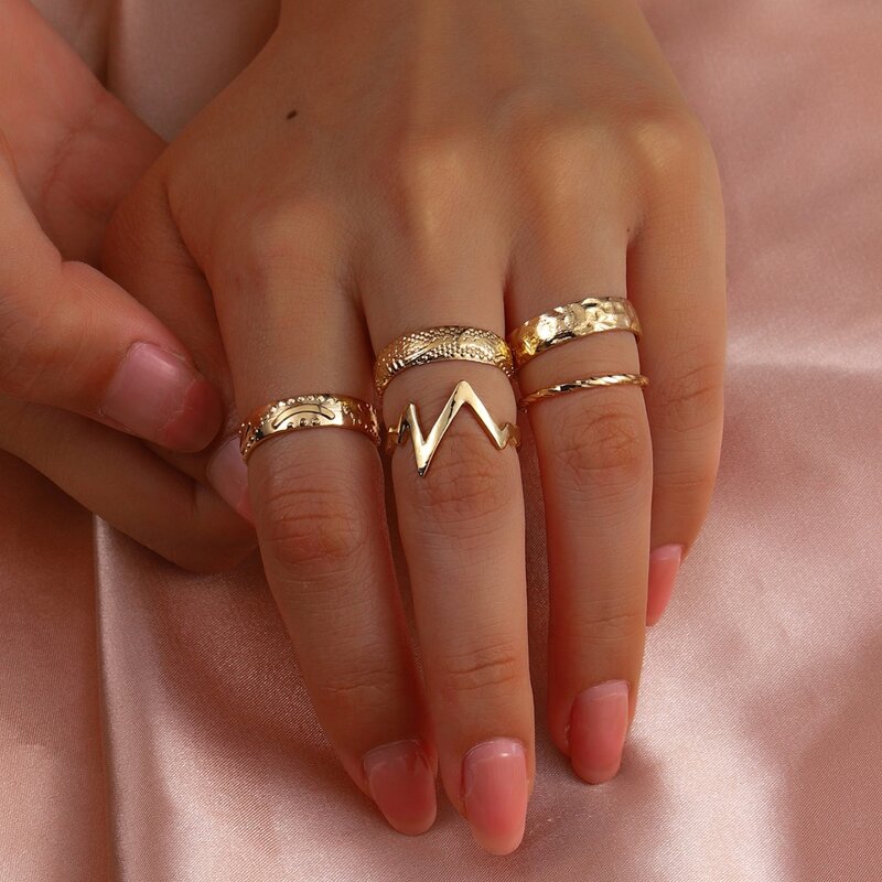

5pcs Textured Metal Ring, Gold