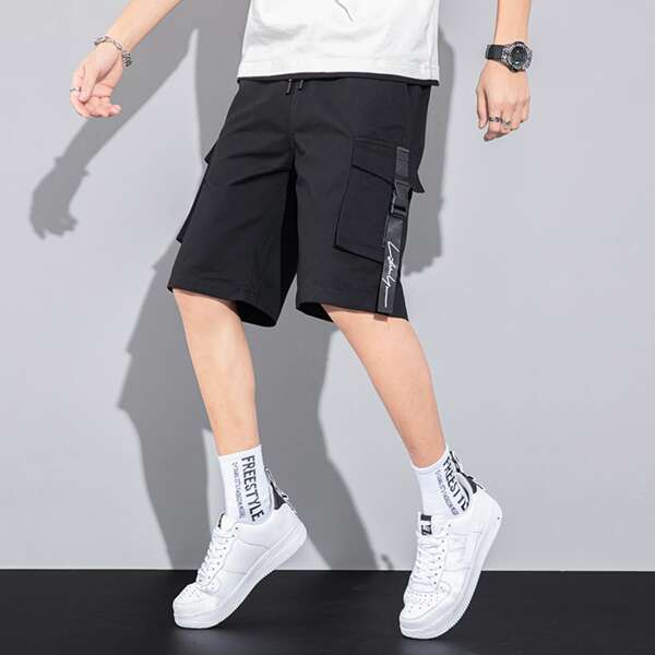 

Men Buckle Tape Flap Pocket Shorts, Black