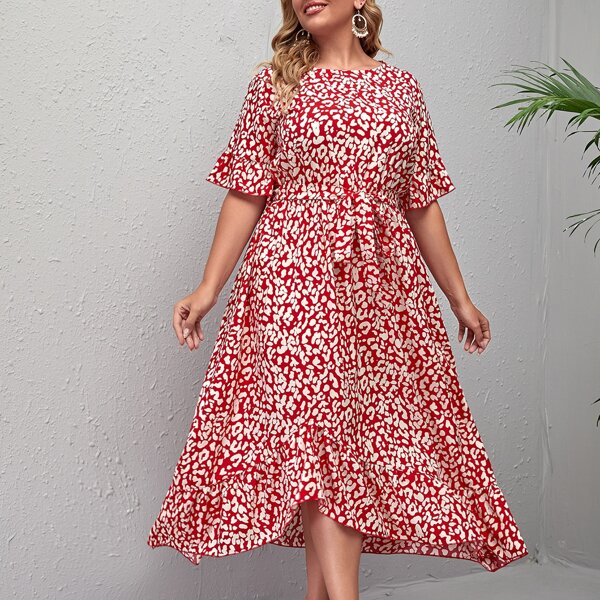 

Plus Allover Print Belted A-line Dress, Burgundy