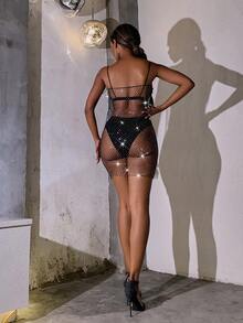 Vestido transparente con diamante de imitación red sin lencería - Negro - Ver 2