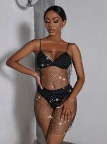 Vestido transparente con diamante de imitación red sin lencería - Negro - Ver 4