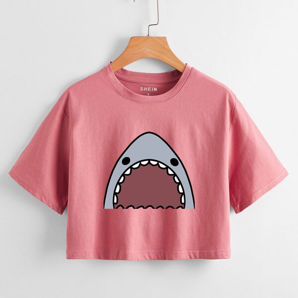 

Cartoon Shark Print Crop Tee, Dusty pink