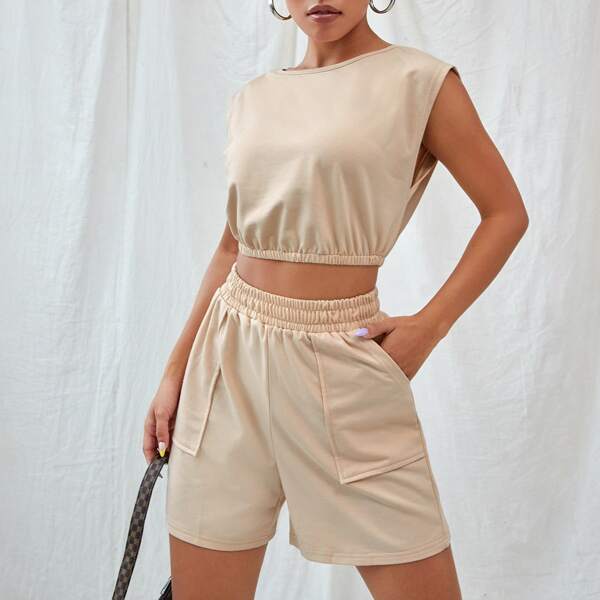 

Crop Tank Top With Slant Pocket Track Shorts, Apricot