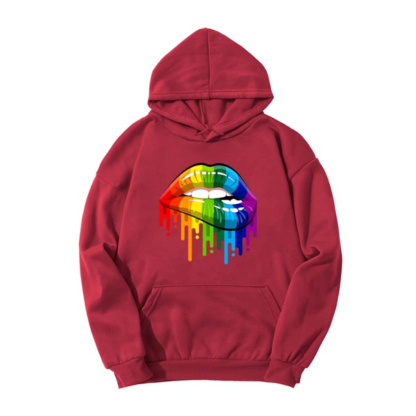 

Bite Lip Print Kangaroo Pocket Hoodie, Burgundy