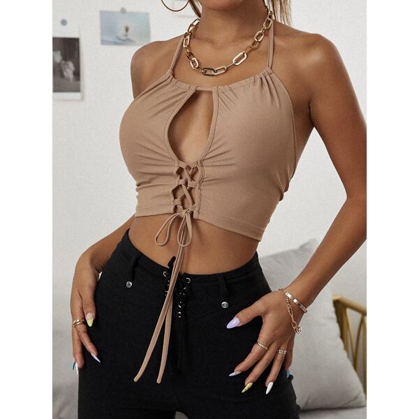 

Lace Up Front Halter Top, Khaki