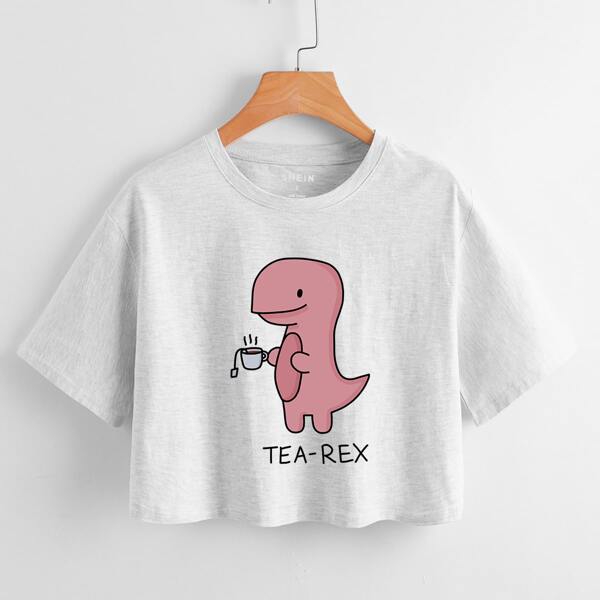 

Dinosaur & Letter Graphic Crop Tee, Light grey