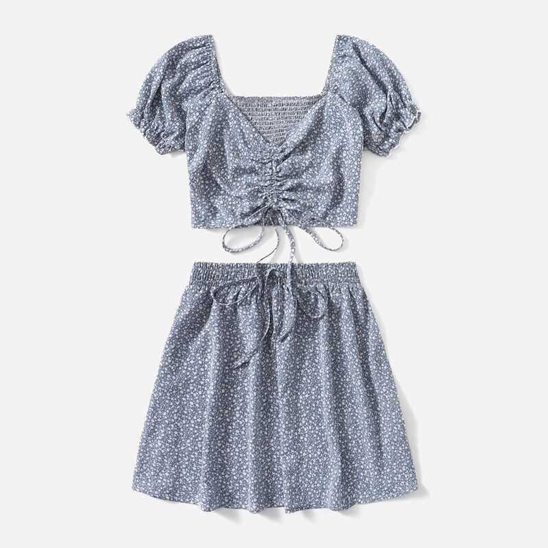 

Ditsy Floral Milkmaid Drawstring Top & Skirt, Dusty blue