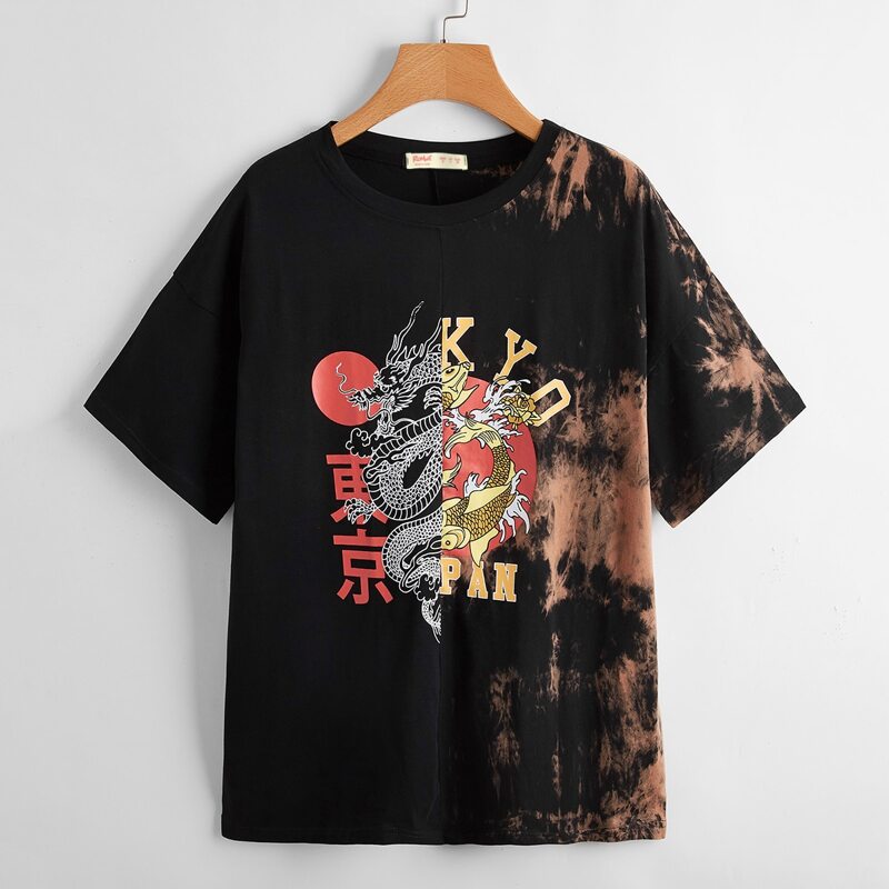 

Chinese Dragon Graphic Tie Dye Tee, Multicolor