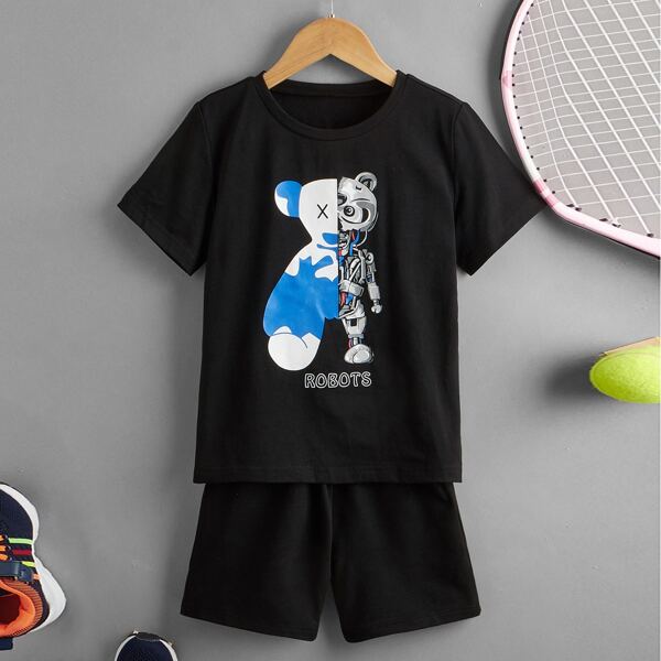

Boys Robot And Letter Graphic Tee With Shorts, Black