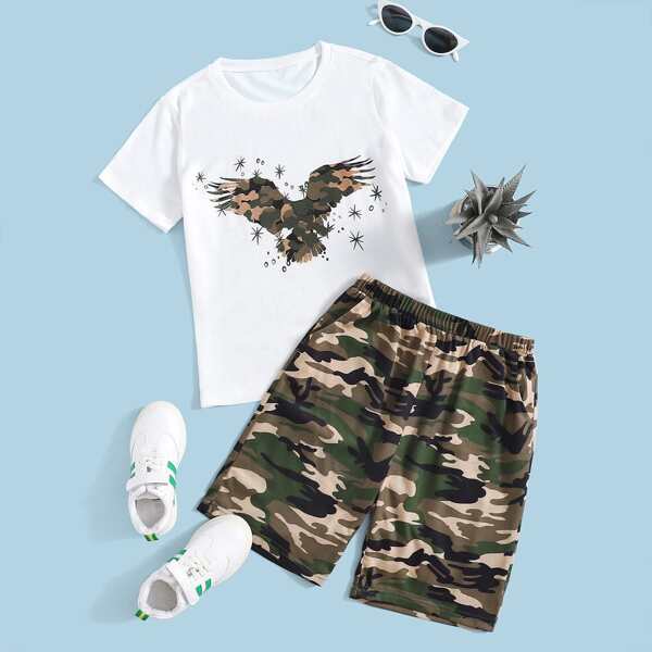 

Boys Camo Print Tee With Shorts, Multicolor