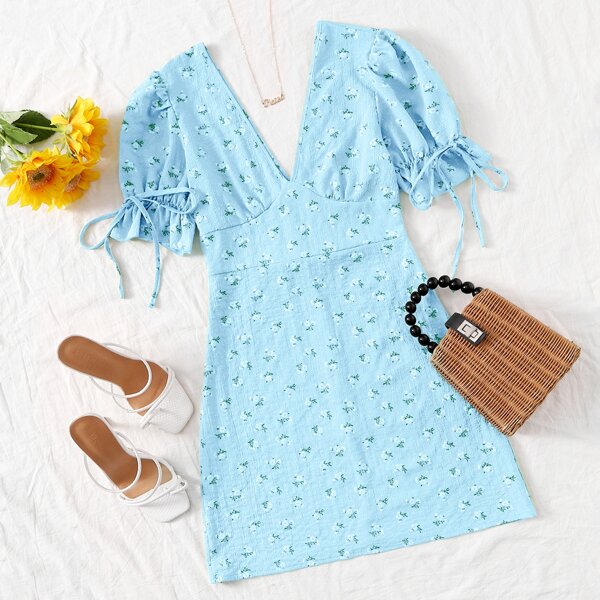 

Plus Floral Print Knot Puff Sleeve Dress, Mint blue