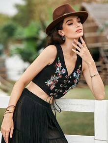 SHEIN Top tank con bordado con cordón - Negro - Ver 4