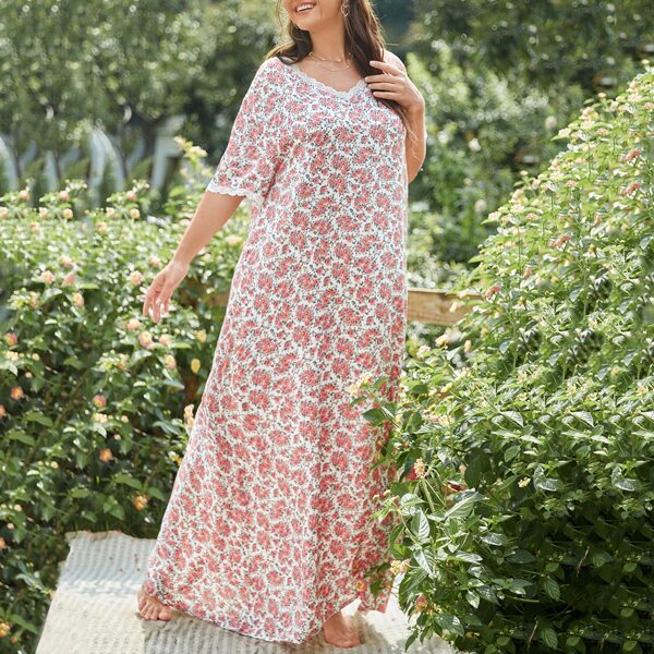 

Plus Allover Floral Print Lace Trim Night Dress, Multicolor