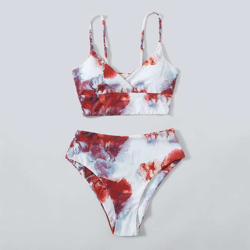 

Ink Smoke Pattern High Waist Bikini Swimsuit, Multicolor