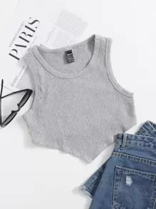 SHEIN EZwear Asymmetrical Hem Rib-knit Crop Tank Top - Light Grey - View 1