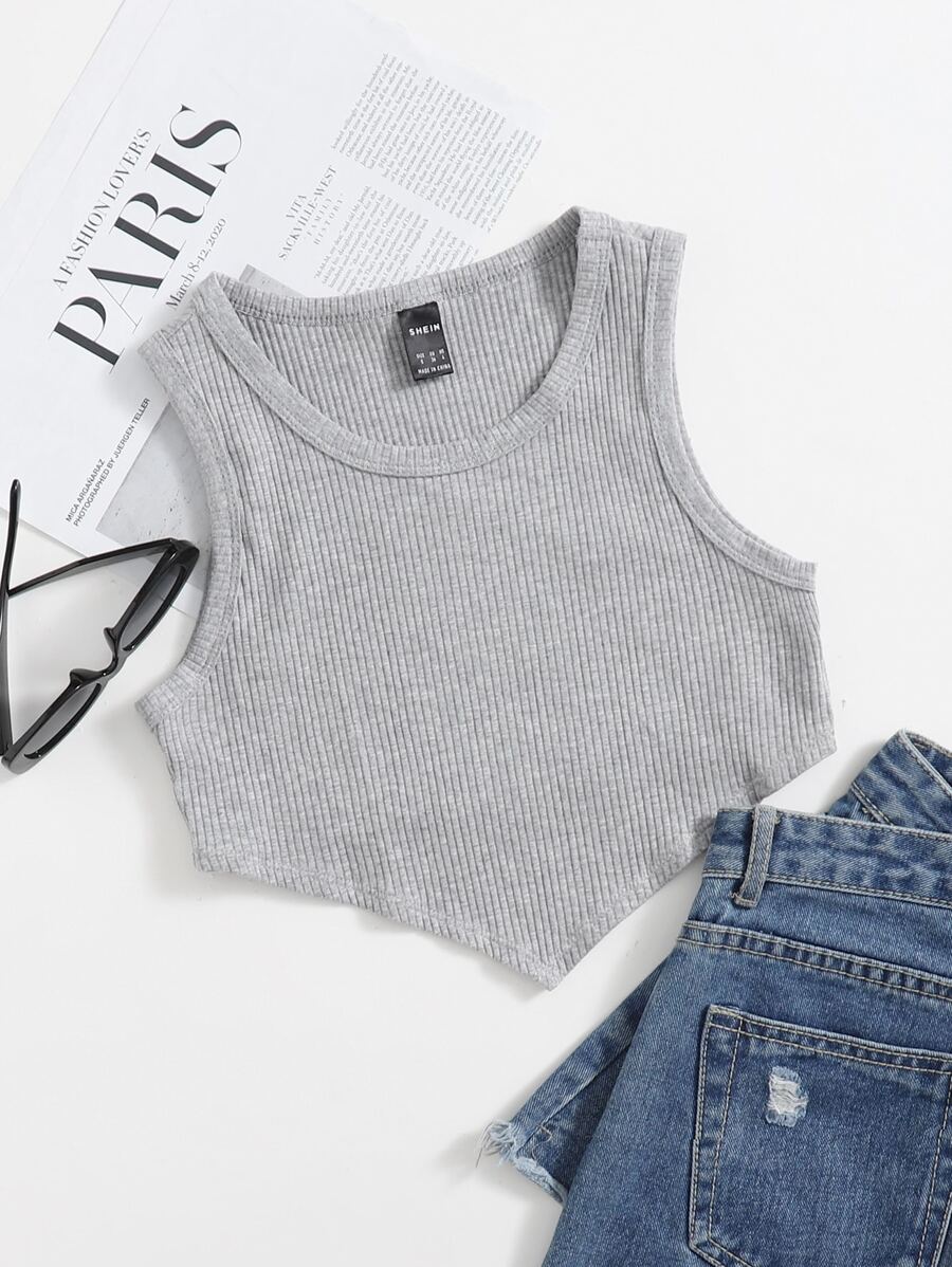 SHEIN EZwear Asymmetrical Hem Rib-knit Crop Tank Top - Light Grey - View 1
