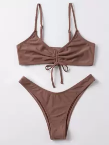 SHEIN Swim Set de bikini pentru plajă de vară, culoare uni, sutien fără fir cu șnur și partea inferioară de bikini cu croială înaltă, costum de baie 2 bucăți - Maro - Vizualizare 1