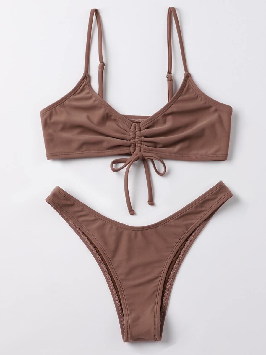 SHEIN Swim Bãi Biển Mùa Hè Màu Bộ Bikini Dây Rút Áo Ngực Không Dây Top & Cổ Cao Bikini 2 Miếng Bikini Áo Tắm - màu nâu - Xem 1