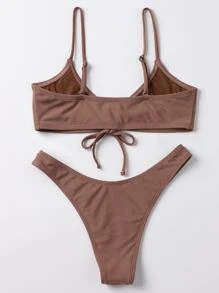 SHEIN Swim Set de bikini pentru plajă de vară, culoare uni, sutien fără fir cu șnur și partea inferioară de bikini cu croială înaltă, costum de baie 2 bucăți - Maro - Vizualizare 2
