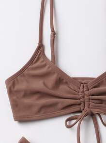 SHEIN Swim Set de bikini pentru plajă de vară, culoare uni, sutien fără fir cu șnur și partea inferioară de bikini cu croială înaltă, costum de baie 2 bucăți - Maro - Vizualizare 3