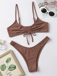 SHEIN Swim Set de bikini pentru plajă de vară, culoare uni, sutien fără fir cu șnur și partea inferioară de bikini cu croială înaltă, costum de baie 2 bucăți - Maro - Vizualizare 5