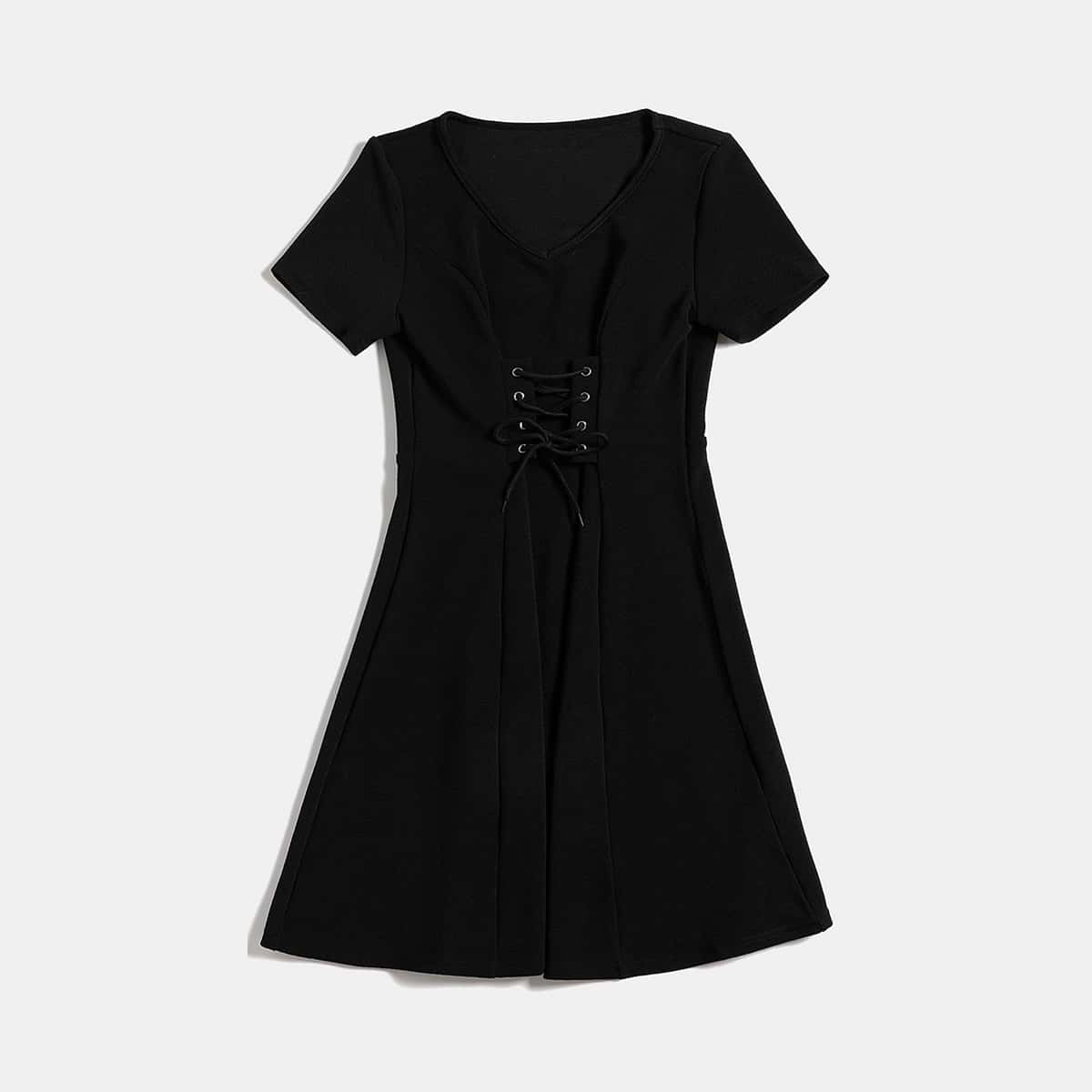 

Solid Lace Up Dress, Black