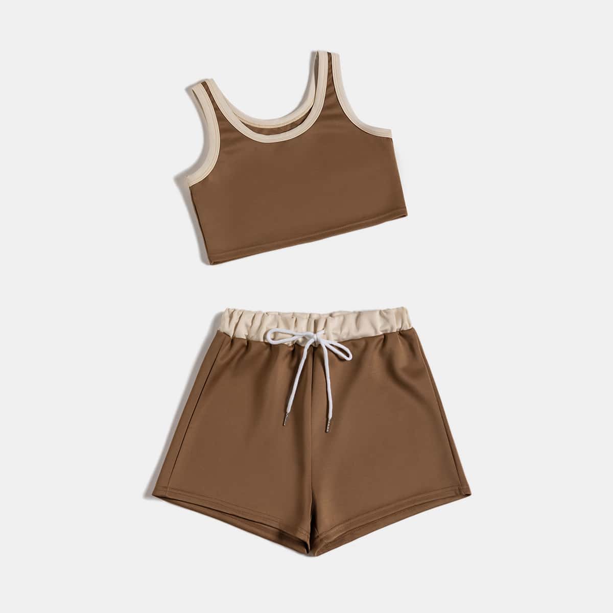 

Contrast Binding Tank Top & Drawstring Shorts, Mocha brown