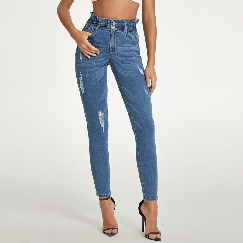 

Paper Bag Waist Ripped Skinny Jeans, Medium wash