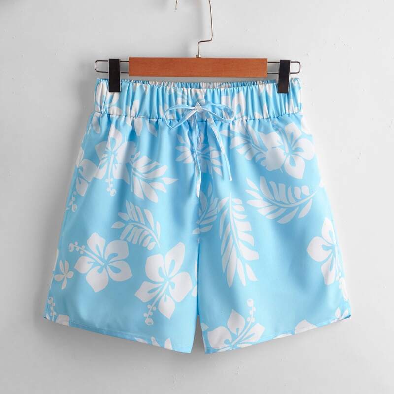 

Floral & Leaf Graphic Knot Shorts, Baby blue