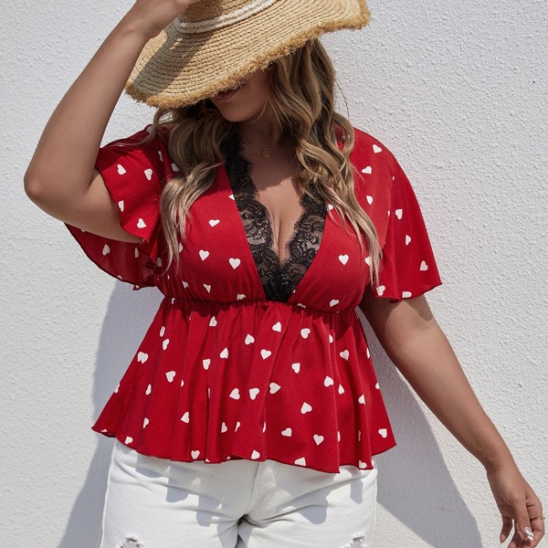 

Plus Heart Print Contrast Lace Blouse, Burgundy