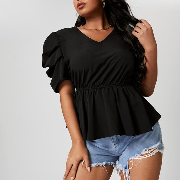 

Plus Puff Sleeve Peplum Solid Blouse, Black