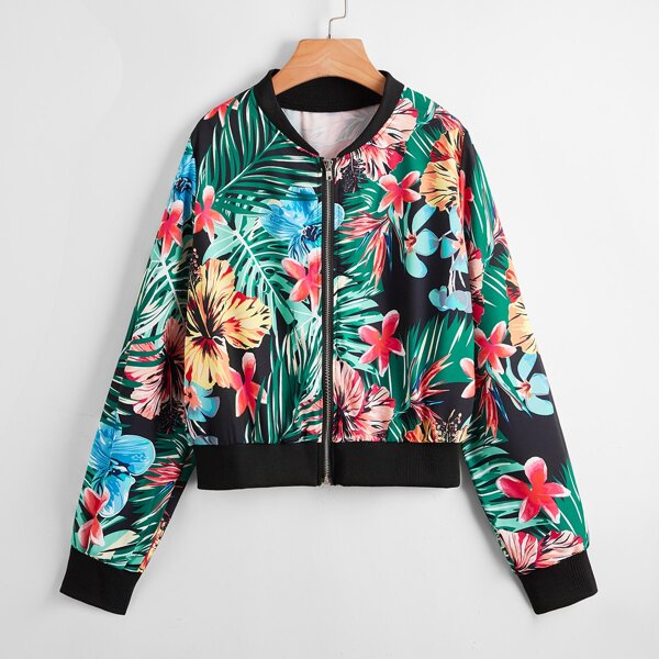 

Tropical Print Zip Up Bomber Jacket, Multicolor