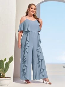 SHEIN Mono palazzo de hombros descubiertos con diseño fruncido - Neblina azul - Ver 1