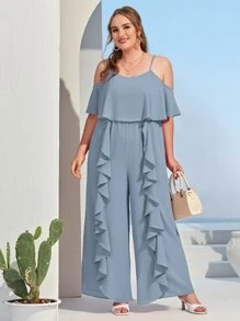 SHEIN Mono palazzo de hombros descubiertos con diseño fruncido - Neblina azul - Ver 3