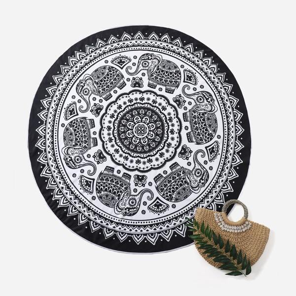 

Elephant & Mandala Print Round Beach Blanket, Black and white