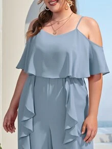 SHEIN Mono palazzo de hombros descubiertos con diseño fruncido - Neblina azul - Ver 4