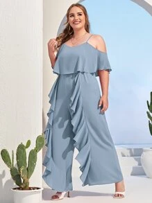 SHEIN Mono palazzo de hombros descubiertos con diseño fruncido - Neblina azul - Ver 5