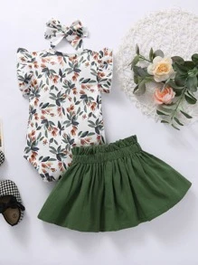 Baby Girl Plants Print Bodysuit & Bow Front Skirt & Headband