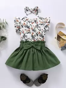 Baby Girl Plants Print Bodysuit & Bow Front Skirt & Headband