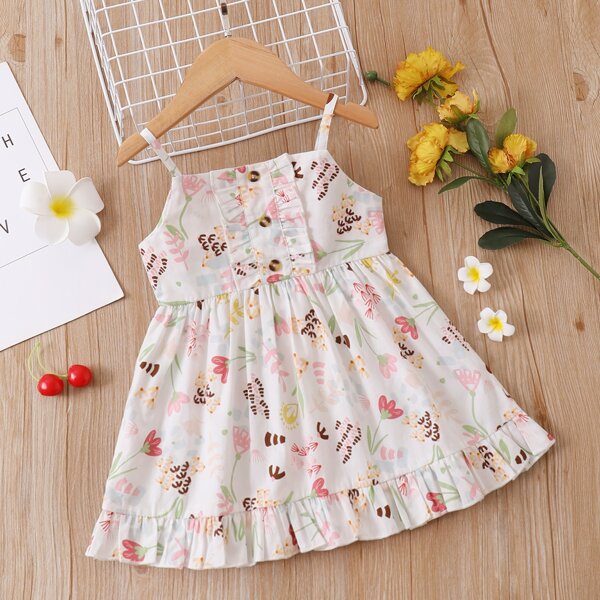 

Baby Girl Floral Fake Button Ruffle Hem Cami Dress, White