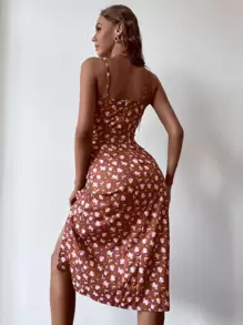 GENKIRA Đầm Thắt nút Dây kéo Tách cao Hoa Tất cả trên in Boho - Gỗ đỏ - Xem 2